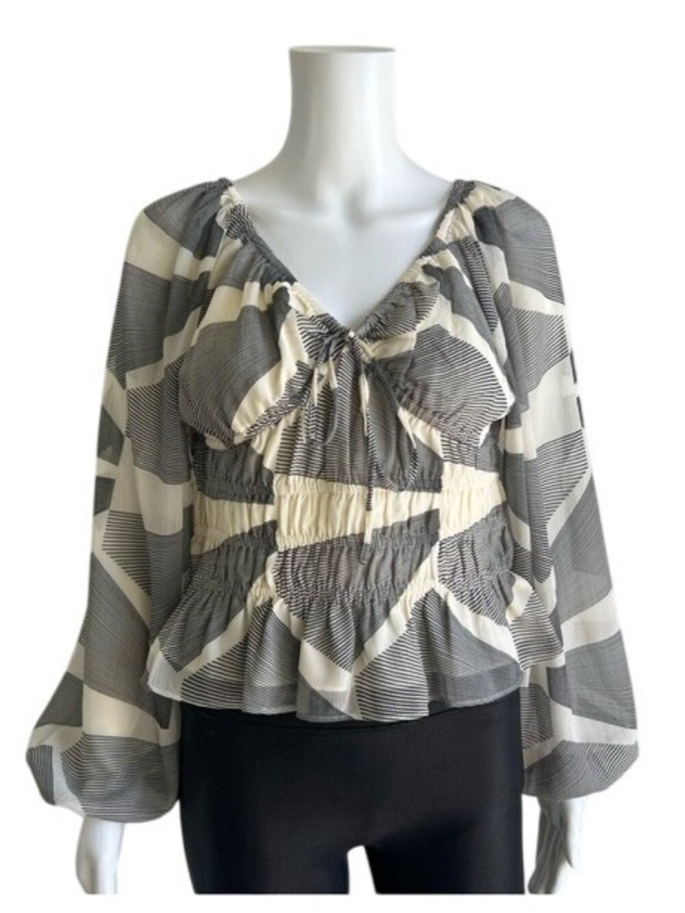 Express Smocked Blouse in Cream and Black - S